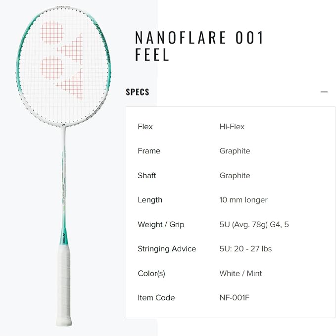 YONEX Nanoflare 001 Feel White Mint 5UG5 78g Badminton Racket – Ultra-Light, Fast & Beginner Friendly